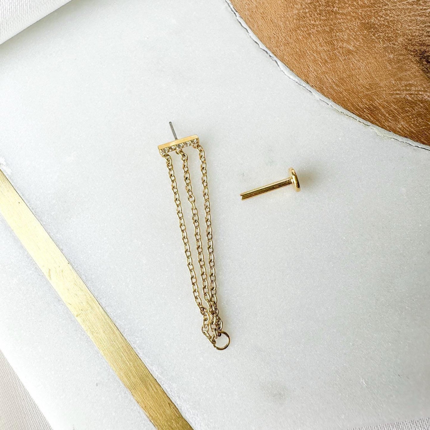 Titanium Diamond CZ Bar Triple Chain conch piercing push pin, cartilage piercing, conch hoop, chain earrings, hypoallergenic piercings