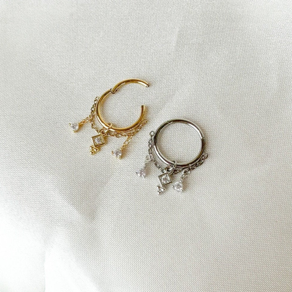 16g 18g 8mm 10mm 12mm Diamond CZ Amelia Charm Implant Grade F136 Titanium Chain Gem Hoop conch, helix hoop, gold hoop, silver hoop