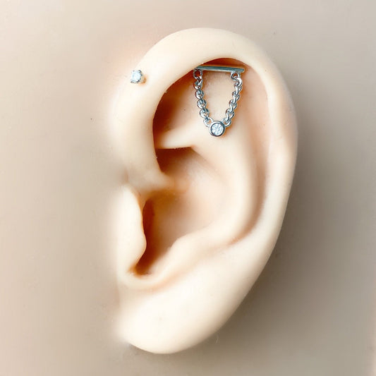 Dainty Bar Chain cz sterling silver, 18k gold plated flat piercing, helix piercing, cartilage piercing, cartilage earrings