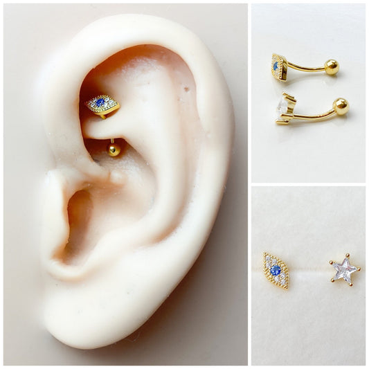 Dainty 18G Sapphire Evil Eye Curved Bar Rook Piercing, 18k gold plated rook hoop, tragus piercing, helix piercing, cartilage piercing