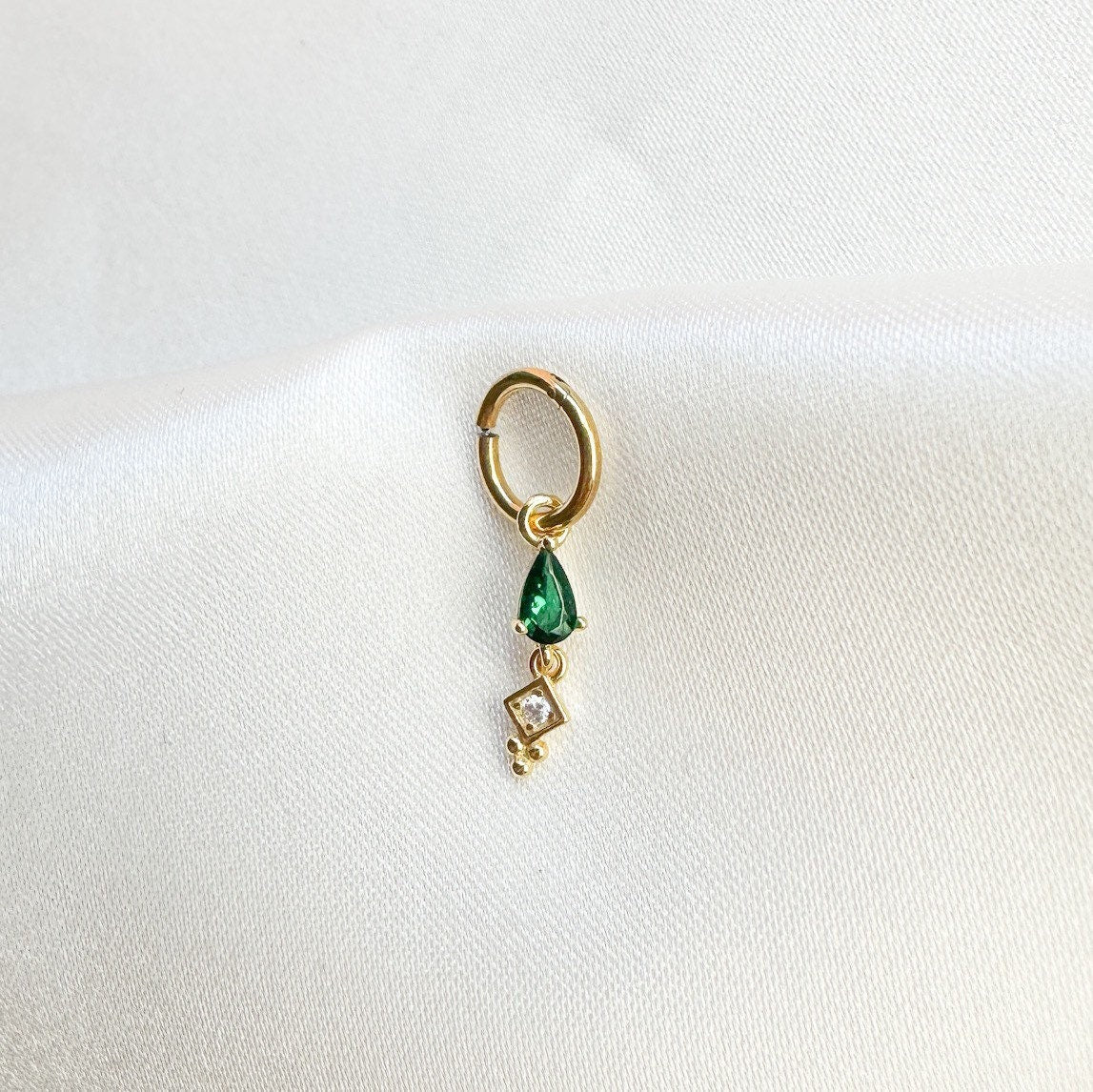16g 18g 6mm Dainty Emerald Dangle Hoop Charm, sterling silver, 18k gold plated rook hoop, hoop huggies, cartilage piercing, helix hoop charm