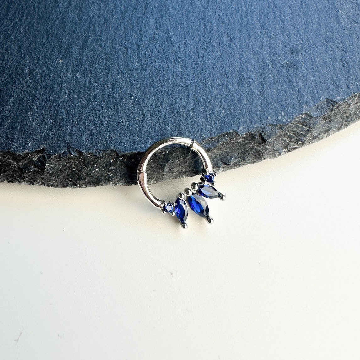 16g 8mm Silver Sapphire 18k gold plated sterling silver daith hoop, marquise cz daith hoop, hoop huggies, septum ring, nose ring