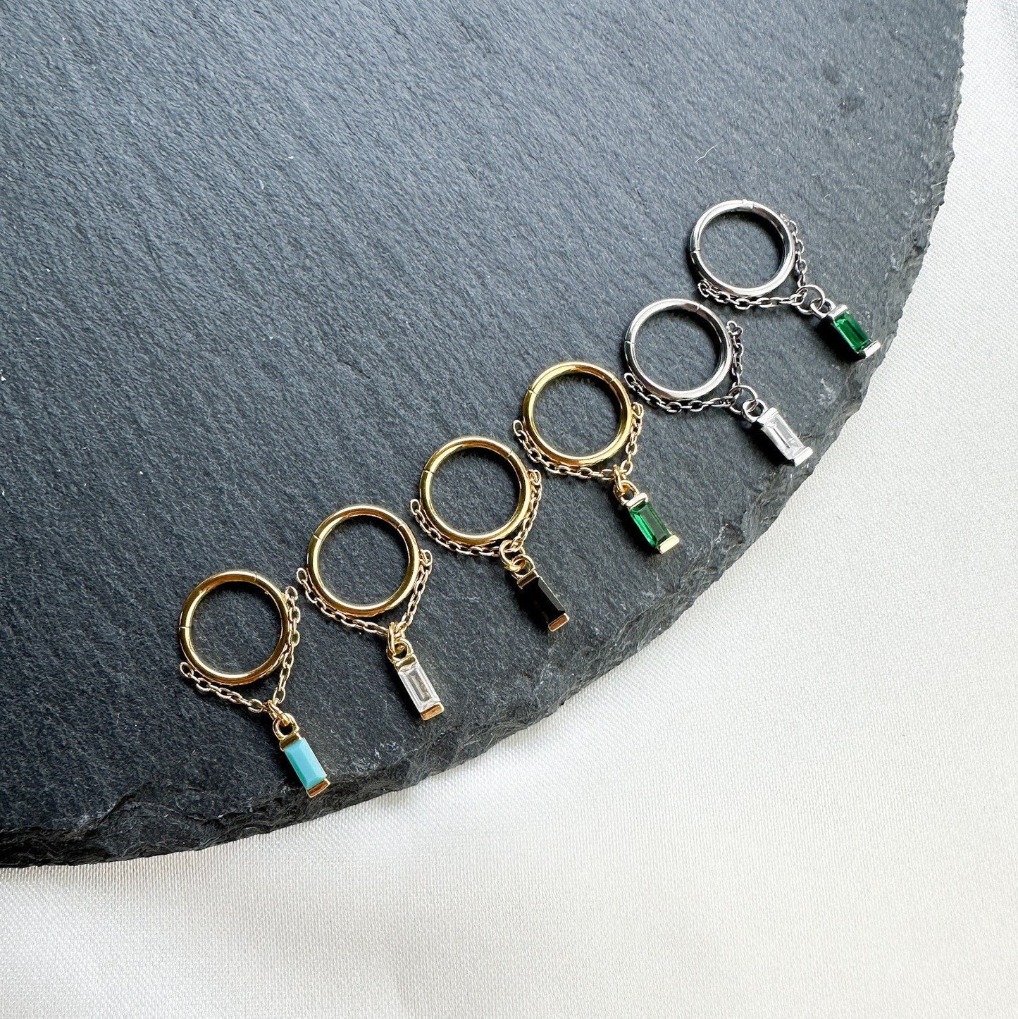 16g 18g 8mm 10mm Emerald Implant Grade Titanium Chain Gem Hoop conch, septum ring piercing F128, conch hoop, gold hoop, silver hoop