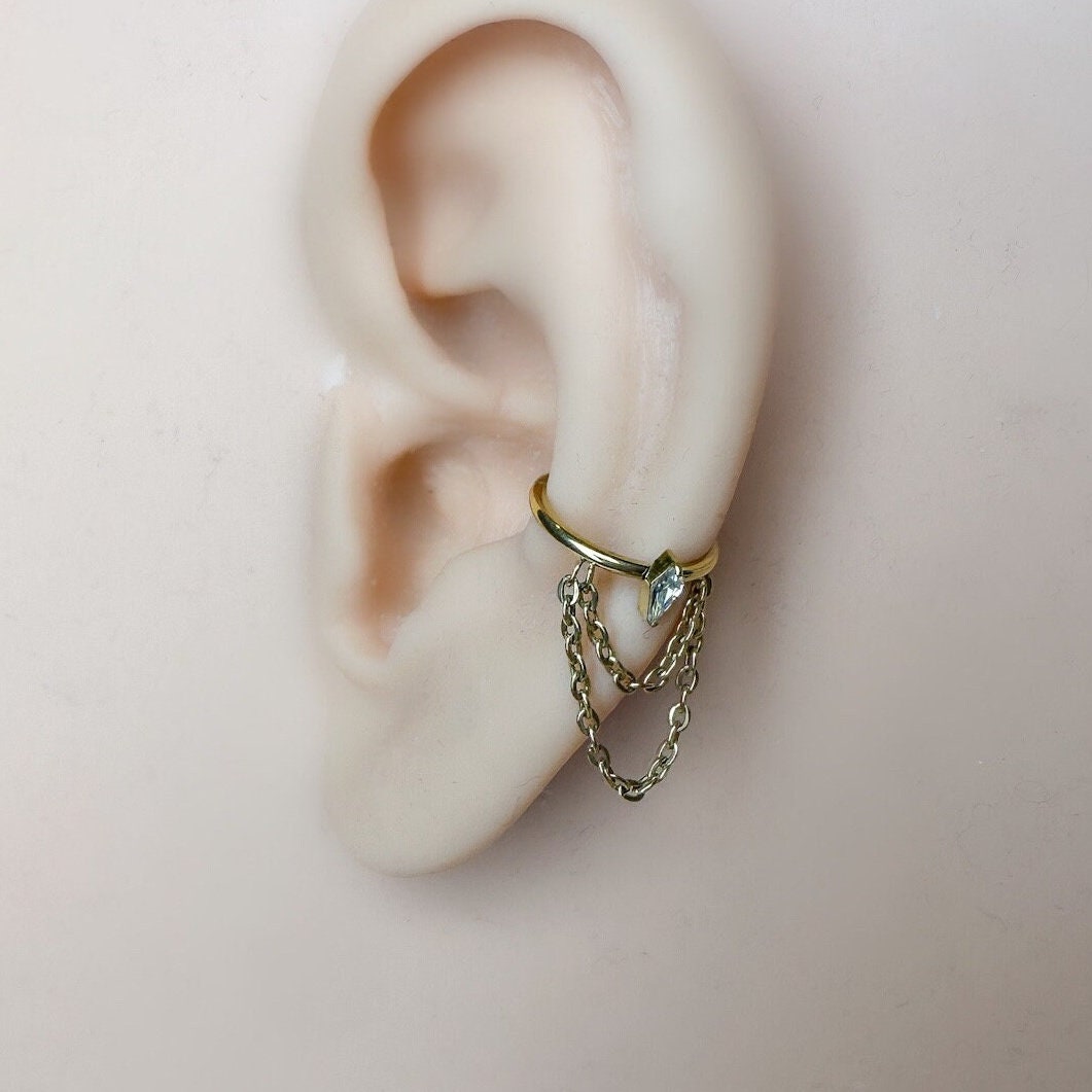 16g 8mm 10mm 12mm Kite Diamond CZ  Charm Double Chain Titanium G23 Conch or Helix Hoop, titanium piercings, gold hoop, silver hoop