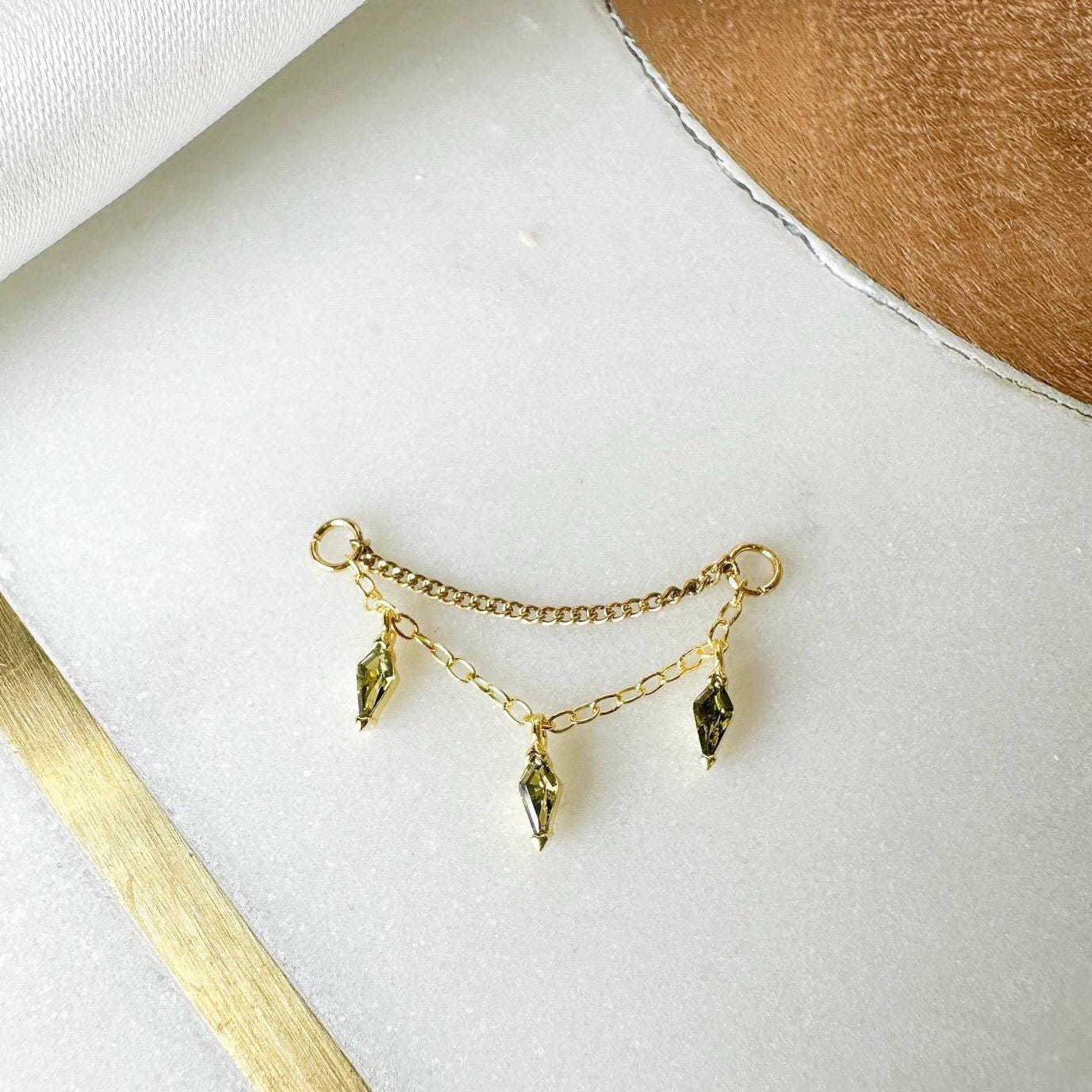 Dainty Industrial Barbell Kite CZ Double Chain (only) for Piercing, Gold Sterling Helix Chain Piercing, Chain Earring, 14g, 16g, 18g