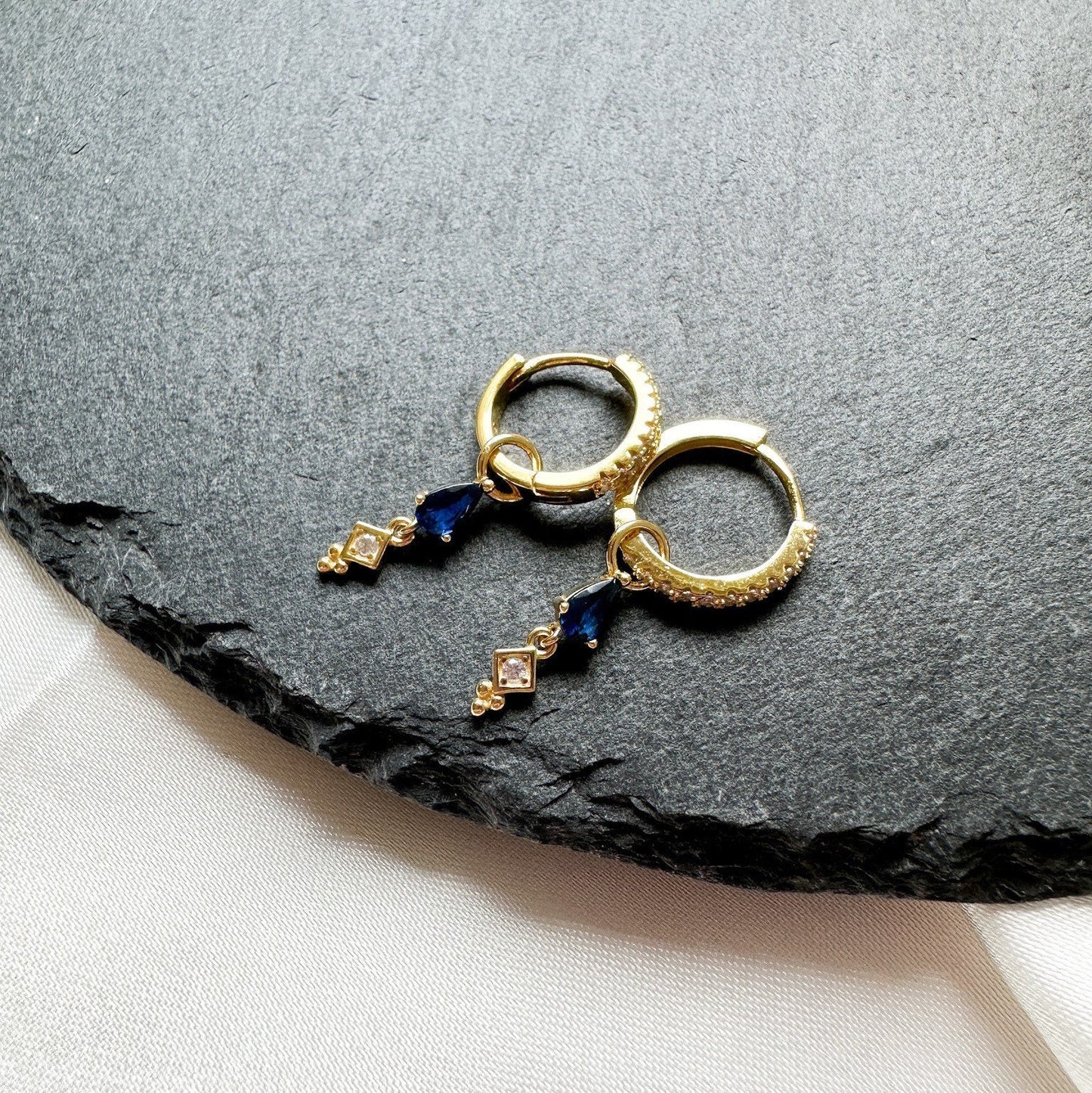 Minimalist Emerald CZ Dangle studded hoops, sterling silver cz hoop earrings, dangle hoop earrings, hoop huggies