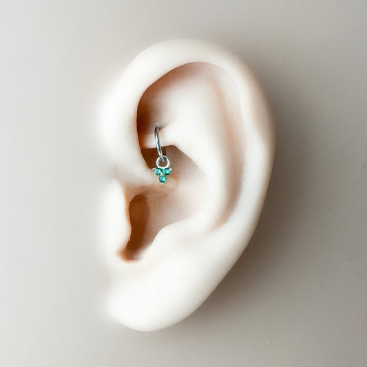 16g 18g 20g Dainty Emerald Clover sterling silver, rook hoop, rook huggie, hoop huggies, cartilage piercing, cartilage earrings