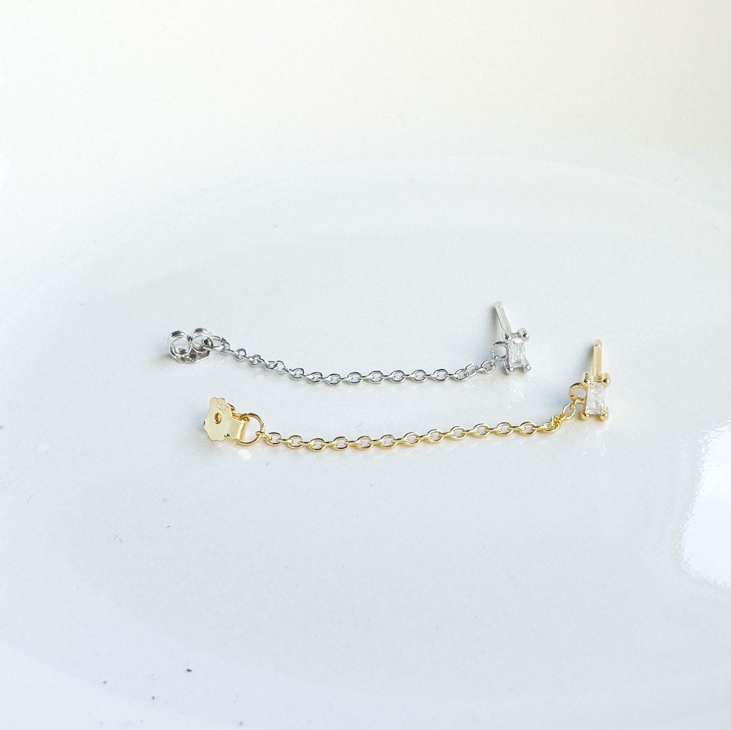 Dainty Emerald 18kt Gold Sterling Silver Chain Baguette CZ conch piercing, cartilage piercing, conch hoop, chain earrings