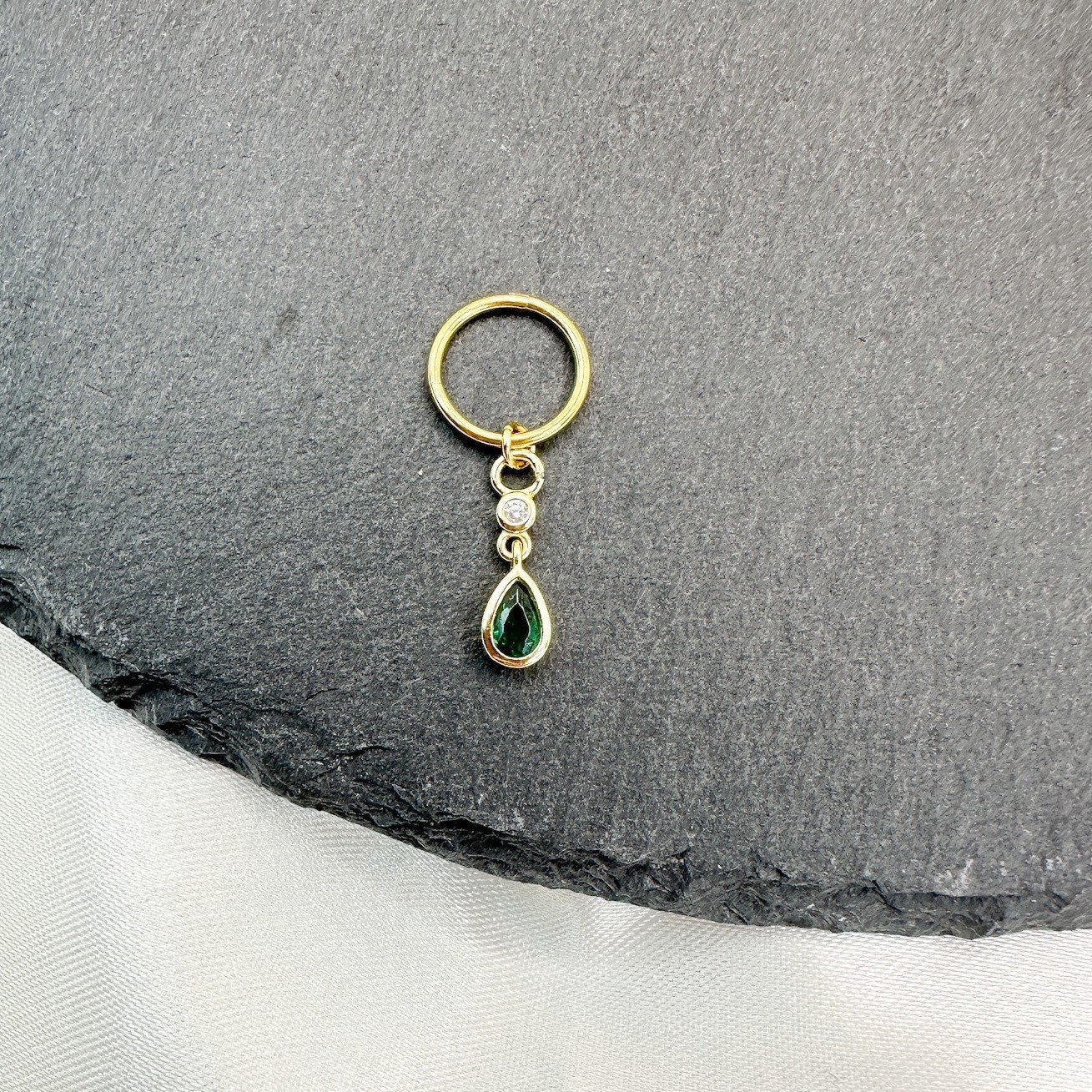 16G 18G Emerald CZ Dangle Stainless Steel Cartilage Hoop Earrings, rook huggie, hoop huggies, helix hoops, small hoops