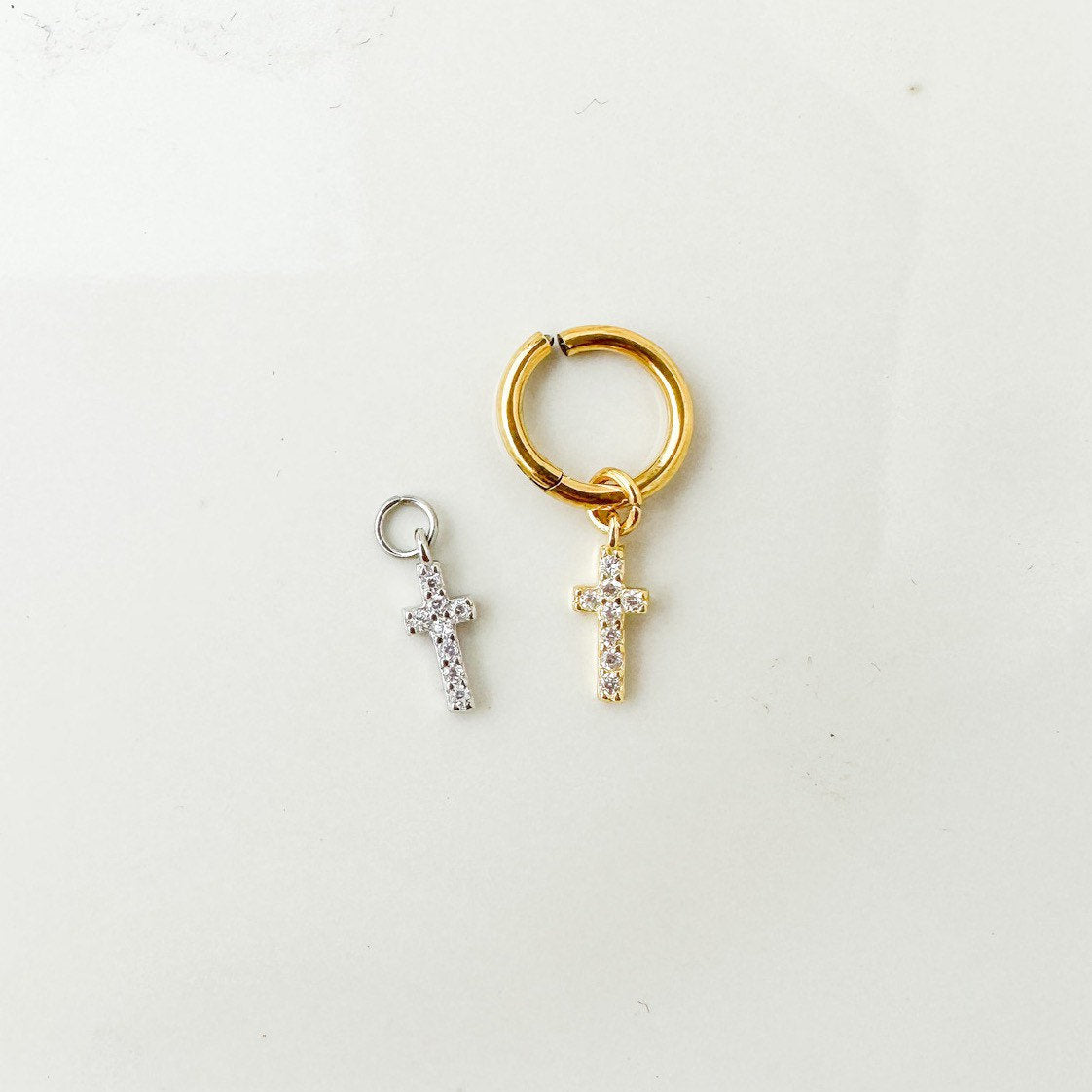 16g 18g 6mm Paved Cross Dangle Hoop Charm, sterling silver, 18k gold plated rook hoop, hoop huggies, cartilage piercing, helix hoop charm
