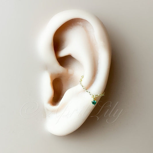 Simple Dainty Drop Emerald Crystal 18kt Gold Sterling Silver Chain  conch piercing, cartilage piercing, conch hoop, chain earrings