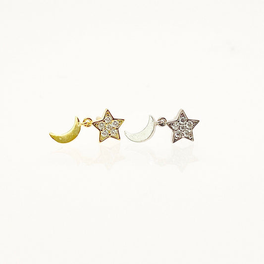 Sterling silver with 18kt gold plated dainty star and moon stud cartilage piercing helix piercing cartilage earrings