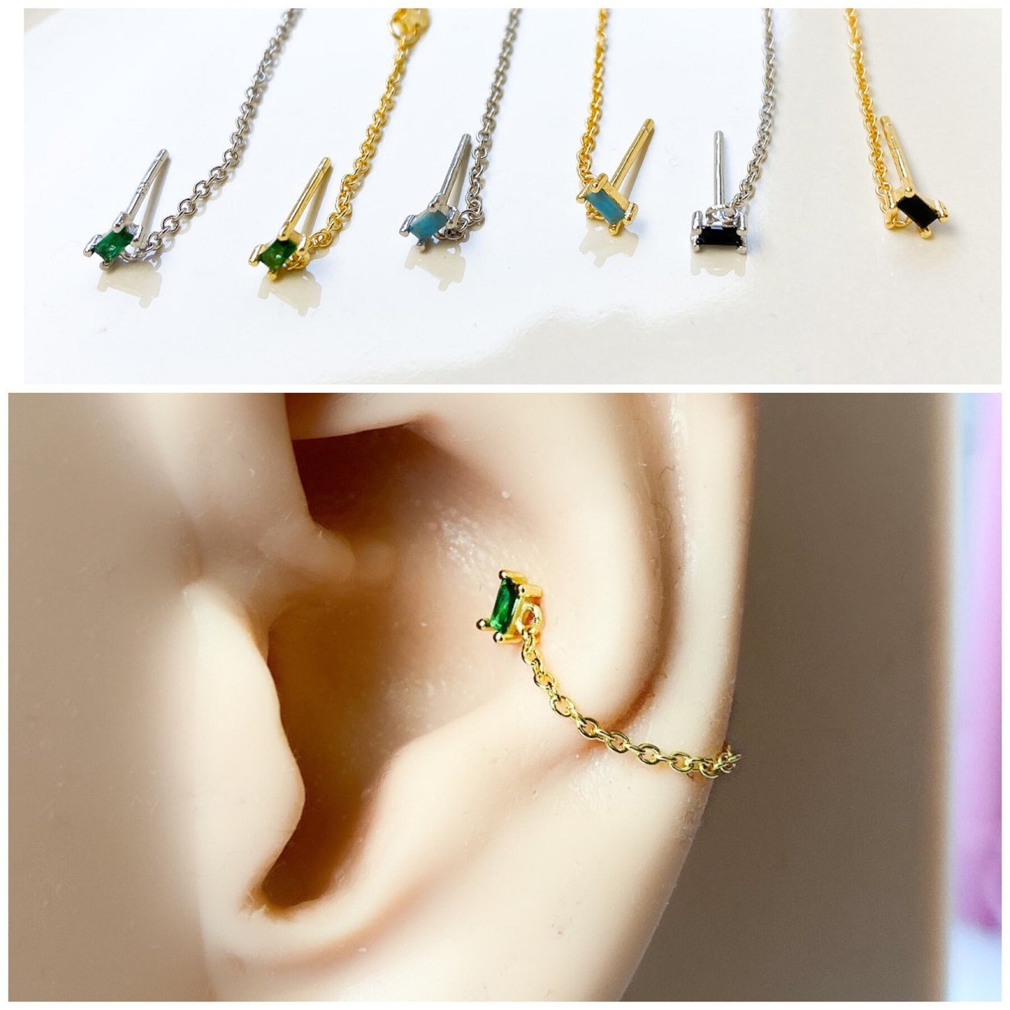 Dainty Turquoise 18kt Gold Sterling Silver Chain Baguette CZ conch piercing, cartilage piercing, conch hoop, chain earrings