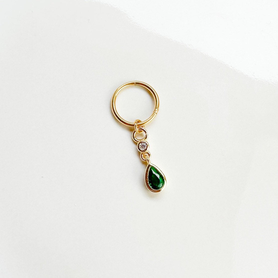 16G 18G Emerald CZ Dangle Stainless Steel Cartilage Hoop Earrings, rook huggie, hoop huggies, helix hoops, small hoops