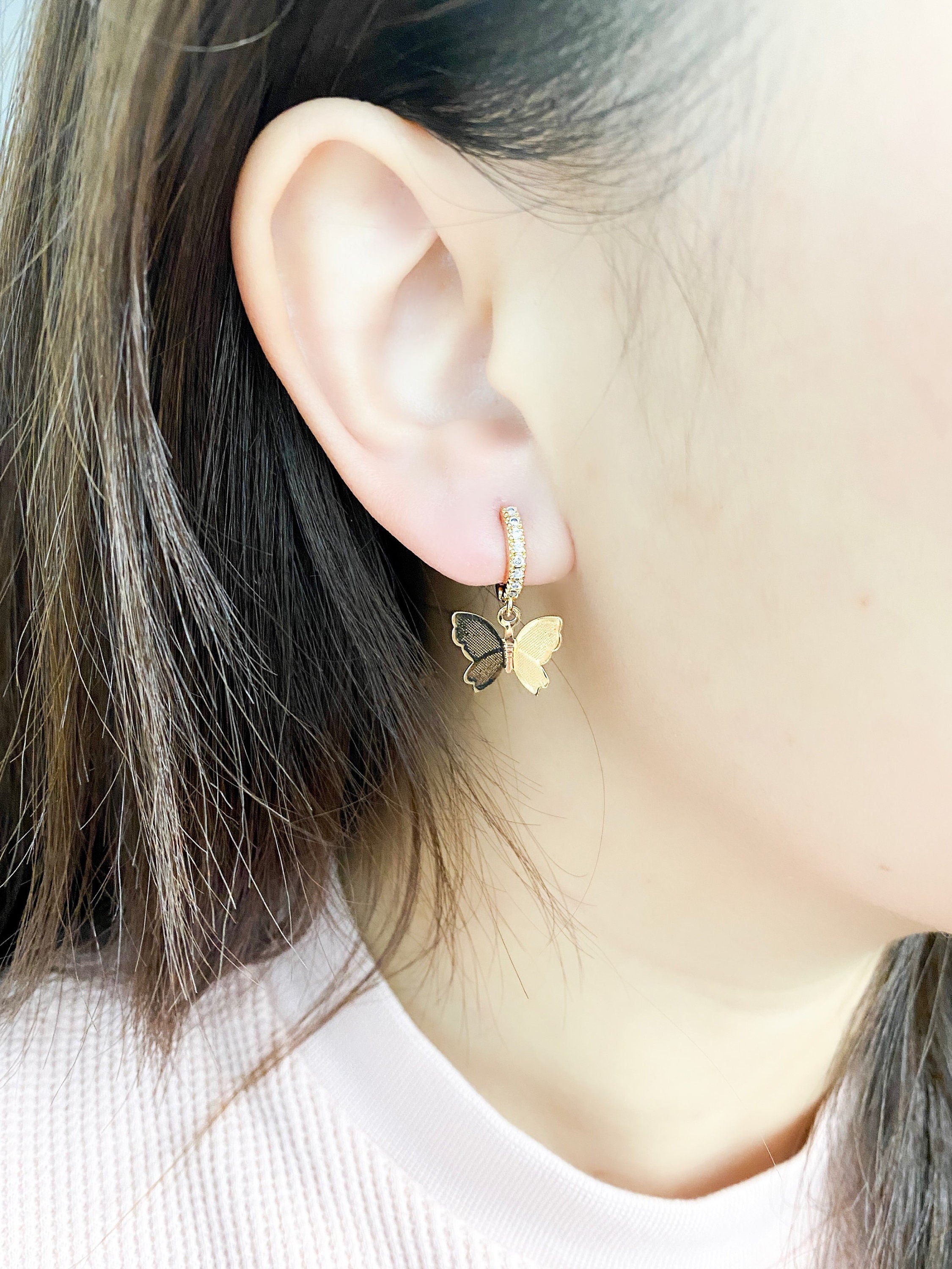 Small 24k Gold plated cz butterfly flutter hoop earrings hoop huggie earrings dainty hoops dainty hoop earring dainty jewelry