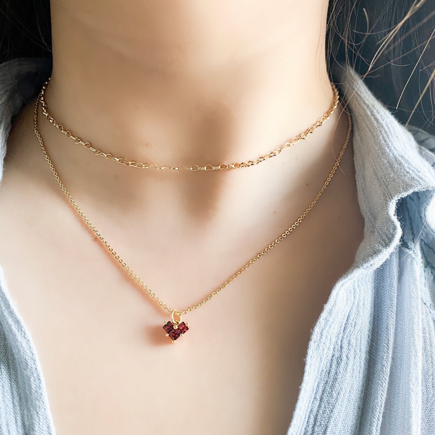 SET of Dainty gold heart necklace, layered necklaces, heart pendant necklace, heart chain, heart charm