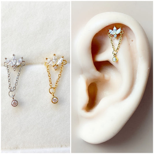 Dainty Bella Chain cz sterling silver, 18k gold plated flat piercing, helix piercing, cartilage piercing, cartilage earrings
