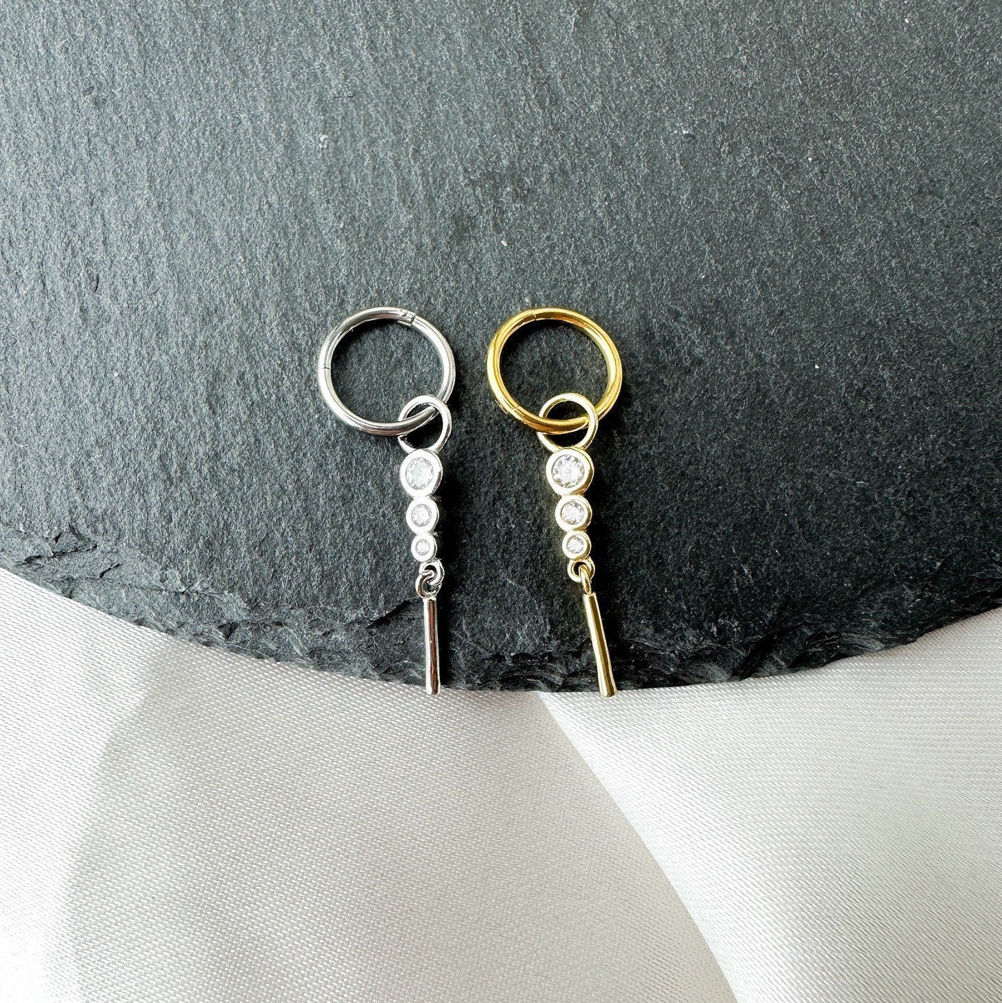 16g 14g Dainty Triple CZ Dangle Hoop Belly Ring, Stainless steel silver or gold, belly piercings, 8mm or 10mm, Hoop Piercing, belly hoop