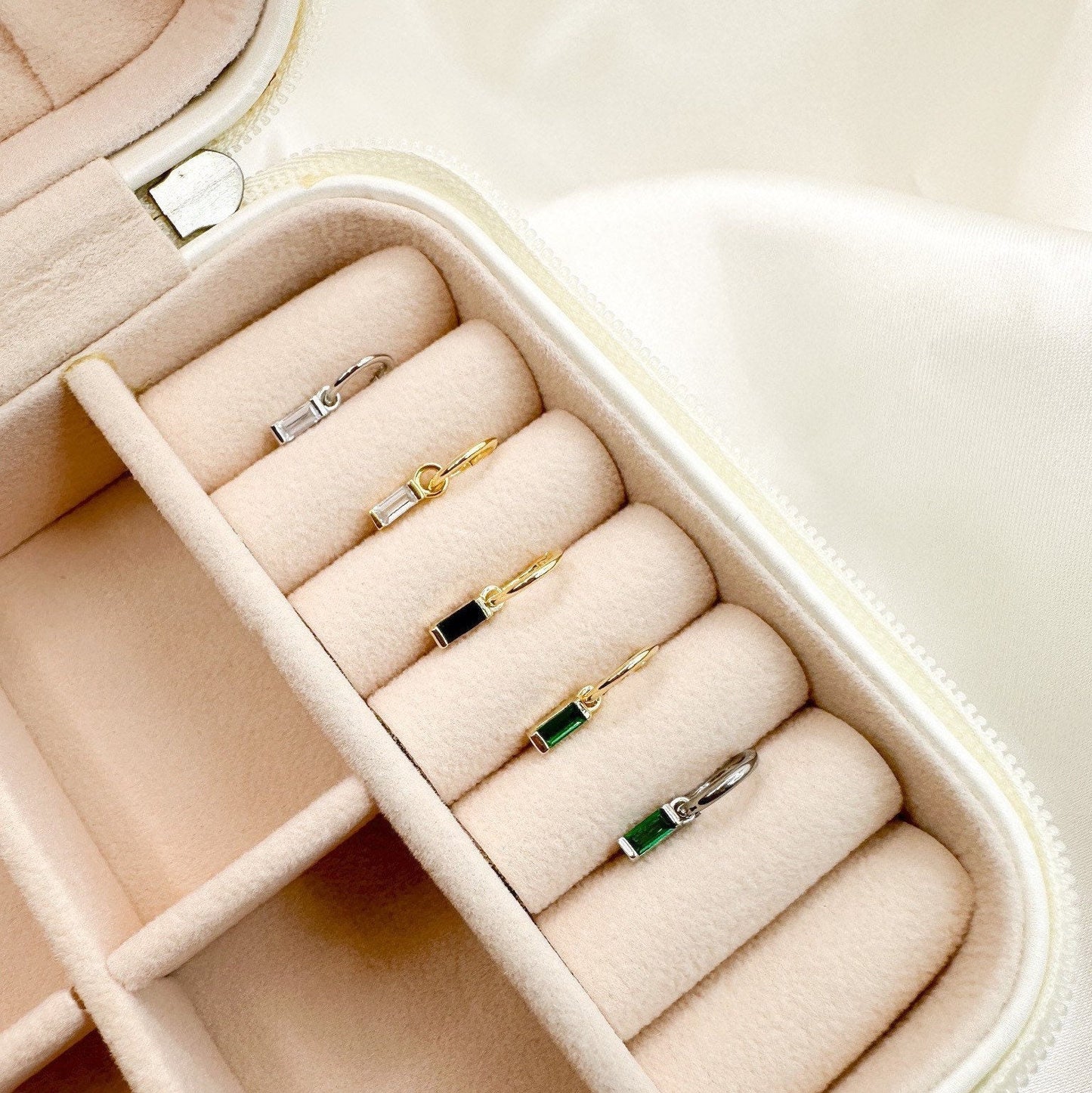 16g 18g Rook Hoop Dainty Emerald CZ Bar sterling silver or stainless steel rook huggie, hoop huggies, cartilage piercing, cartilage earrings