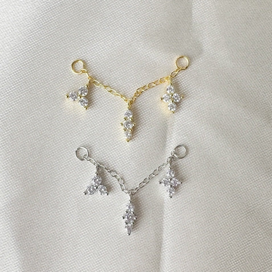 Dainty Industrial Barbell Triple Charm Chain (only) for Piercing, Sterling Silver Helix Chain Earring,Conch Chain Piercing 14g, 16g, 18g