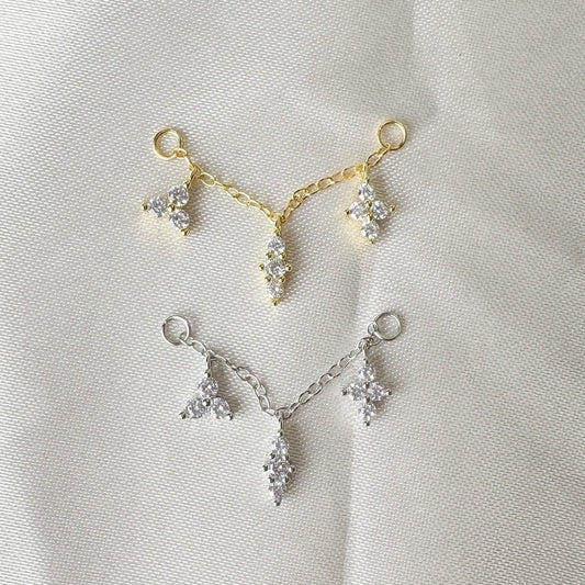 Dainty Industrial Barbell Triple Charm Chain (only) for Piercing, Sterling Silver Helix Chain Earring,Conch Chain Piercing 14g, 16g, 18g