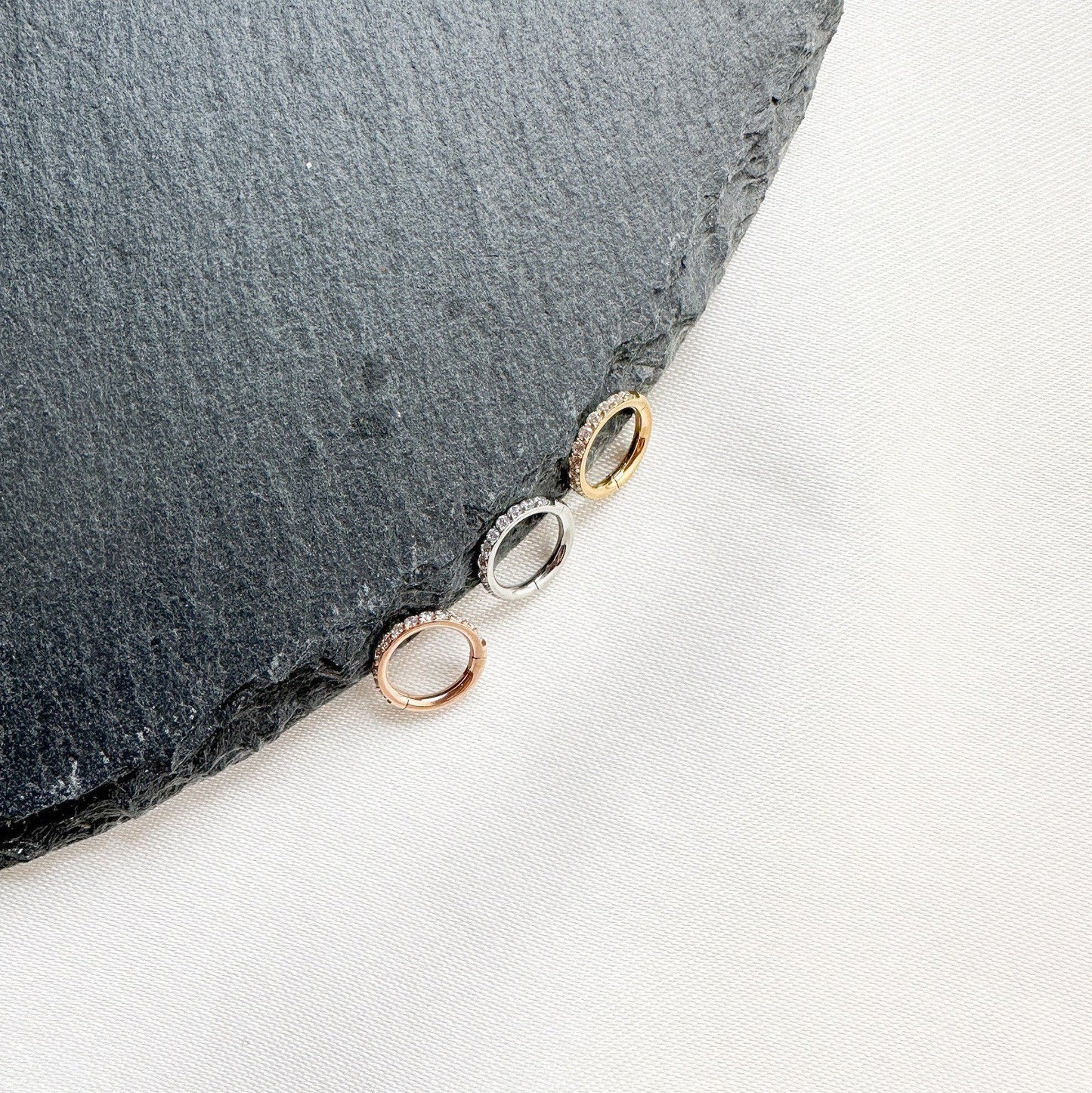 16g 6mm Crystal Paved Rose Gold Clicker Hoop for Cartilage, Helix, Rook, Lobe, Tragus, Hypoallergenic 316L Surgical Steel, Non-Tarnish