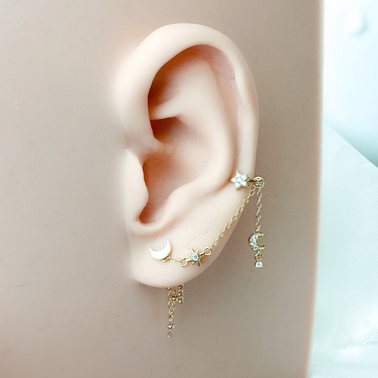 Dainty Moon and Star Industrial Barbell Chain (ONLY) for Piercing, Helix Chain, Chain Earring, Conch Chain Piercing 14g, 16g, 18g, 20g