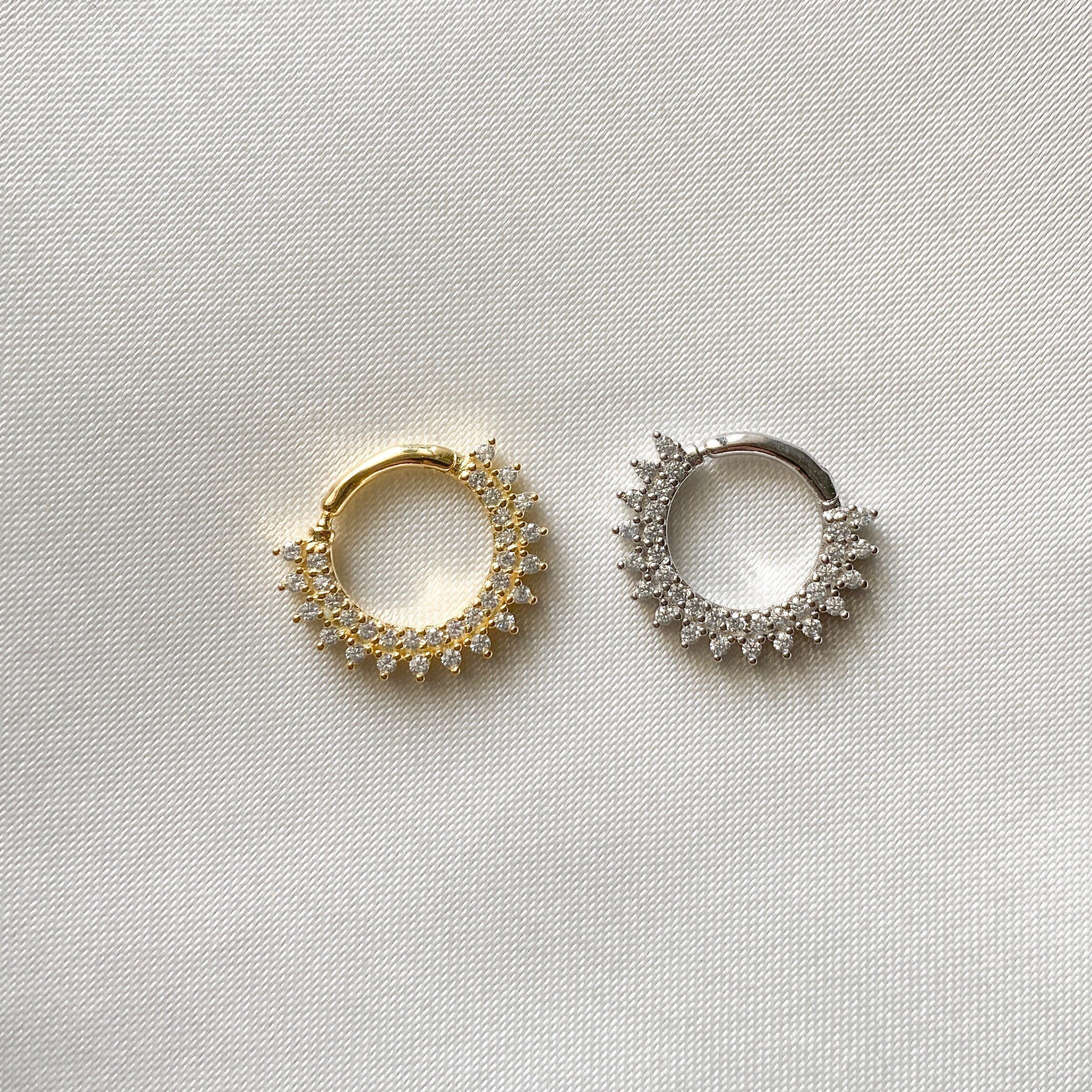 18k gold plated sterling silver daith hoop, elegant cz daith huggie, hoop huggies, cartilage piercing, cartilage earrings, helix hoops