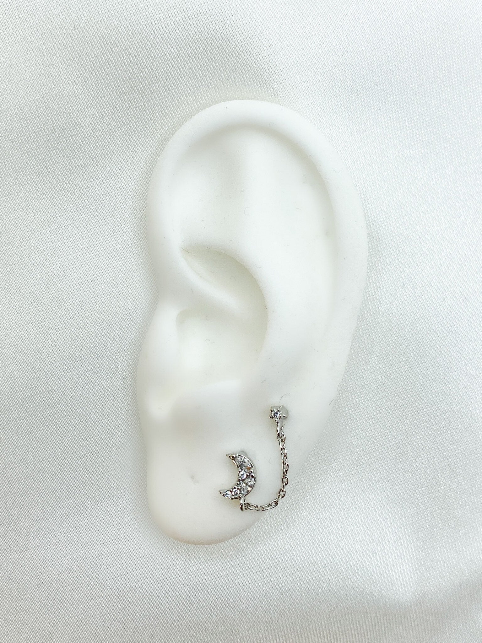 Dainty cz Crescent moon and star double piercing earrings, earrings, 16 gauge piercings, star earrings, two lobe piercing