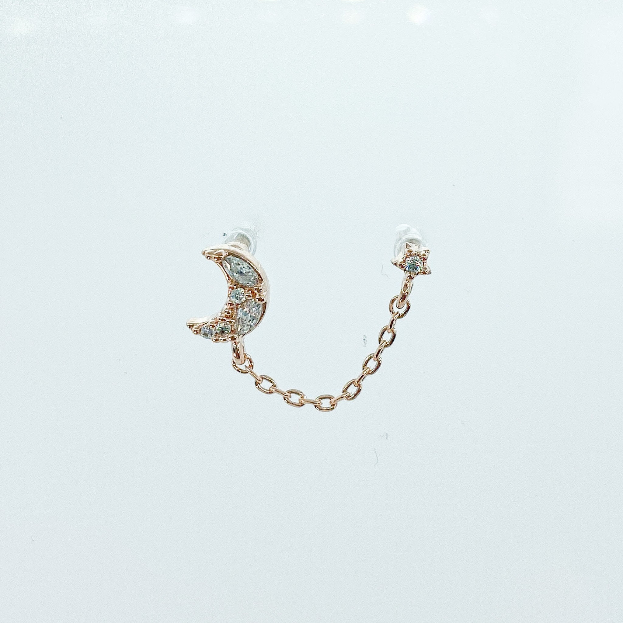 Dainty cz Crescent moon and star double piercing earrings, earrings, 16 gauge piercings, star earrings, two lobe piercing