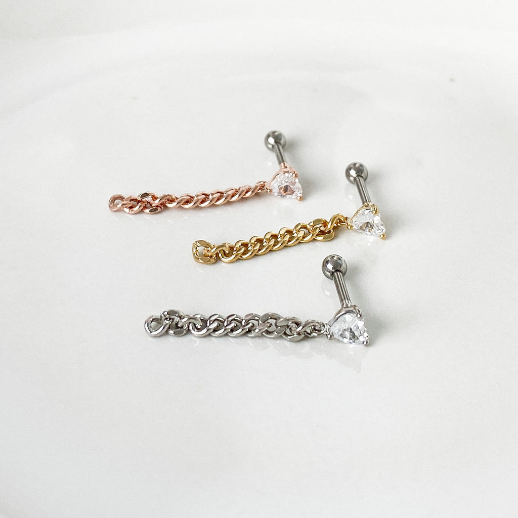Cz heart and chain piercing, cute piercings, 16 gauge, surgical steel piercing, helix earrings, conch piercings
