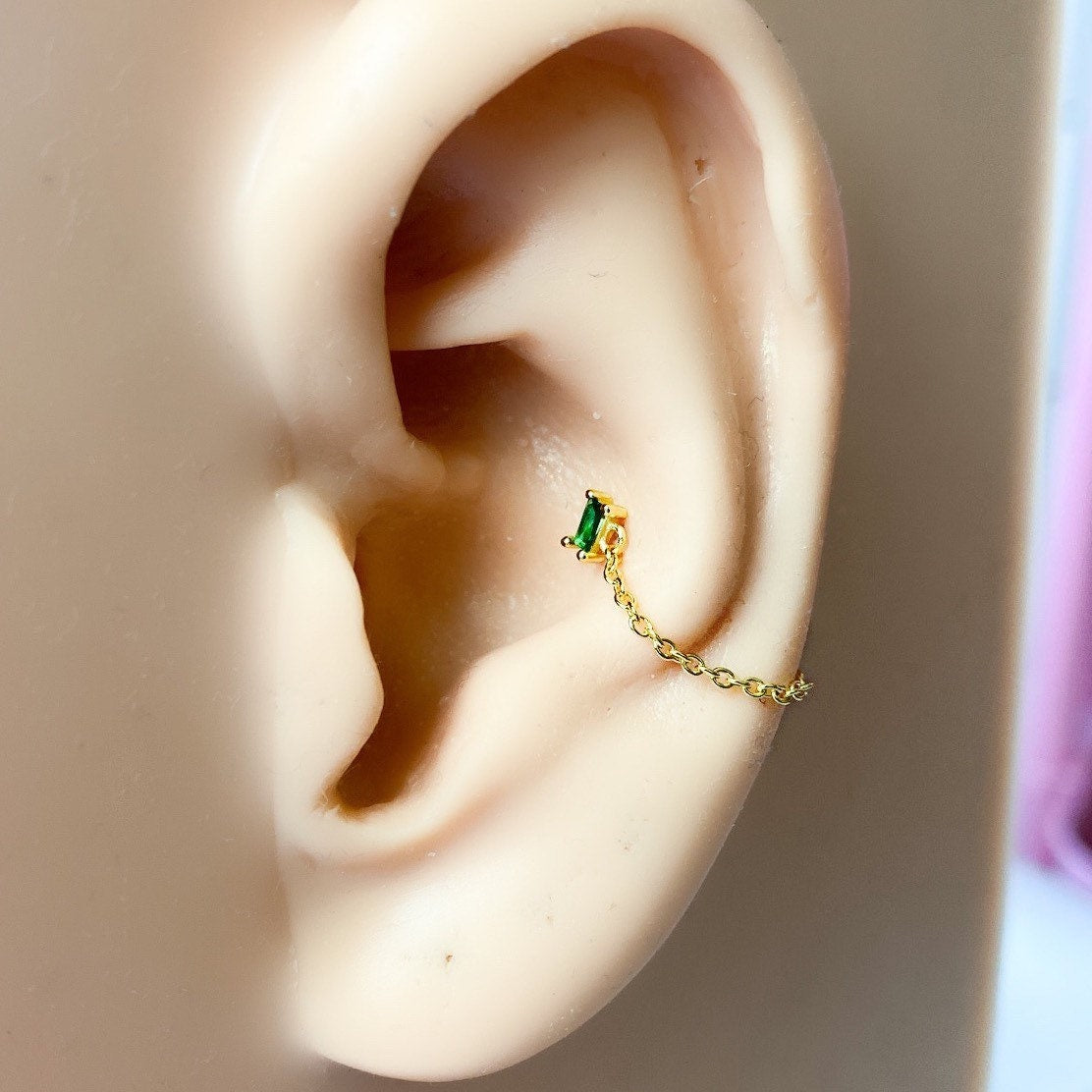 18kt Gold Baguette Chain Conch Piercing, Dainty Cz Cartilage Piercing, Minimalist Hoop Earrings