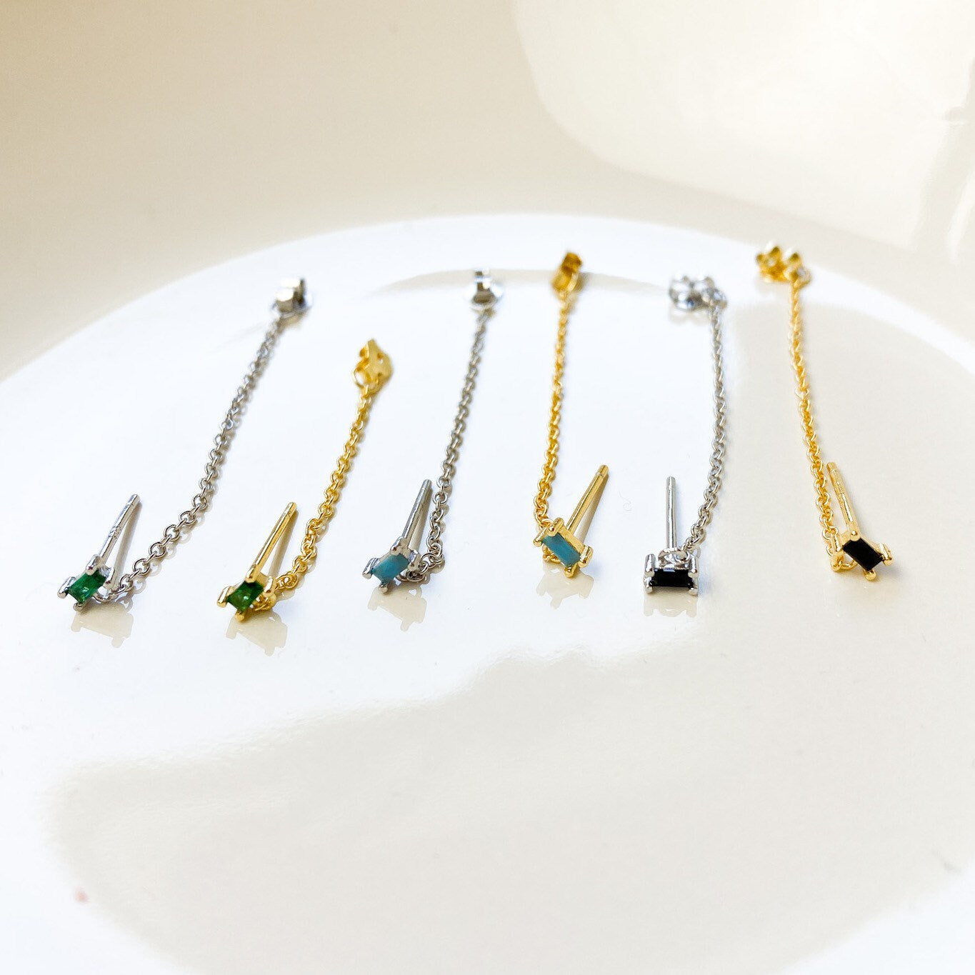 18kt Gold Baguette Chain Conch Piercing, Dainty Cz Cartilage Piercing, Minimalist Hoop Earrings