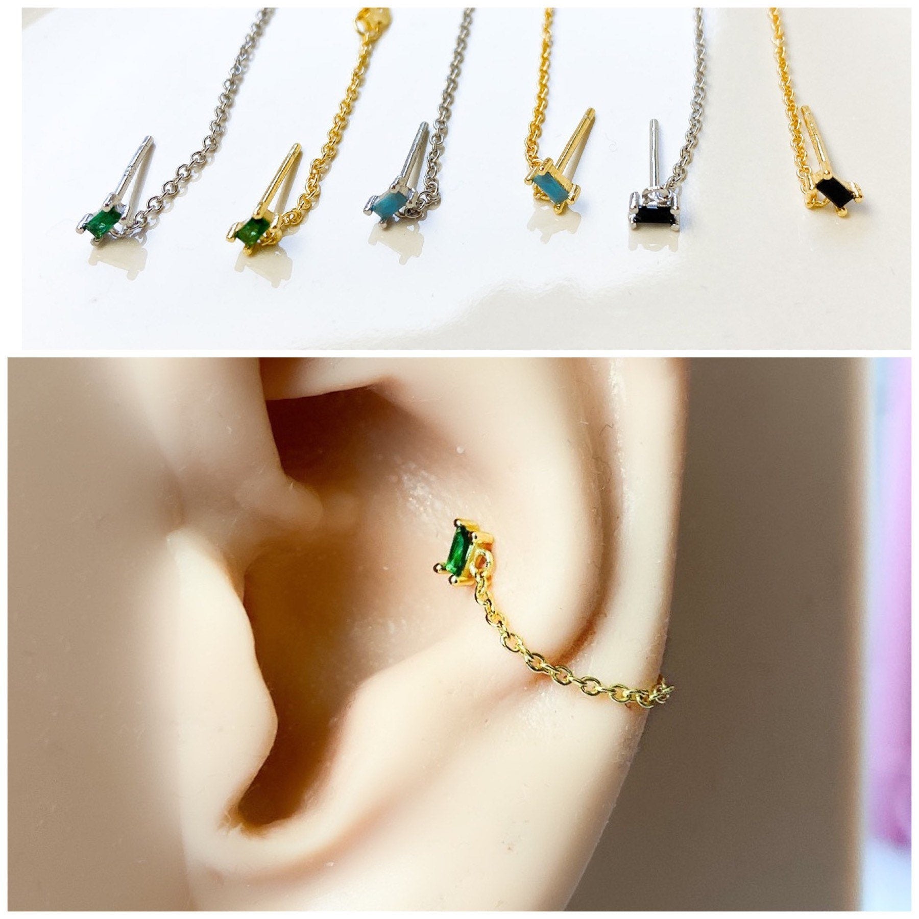 Dainty Turquoise 18kt Gold Sterling Silver Chain Baguette CZ conch piercing, cartilage piercing, conch hoop, chain earrings