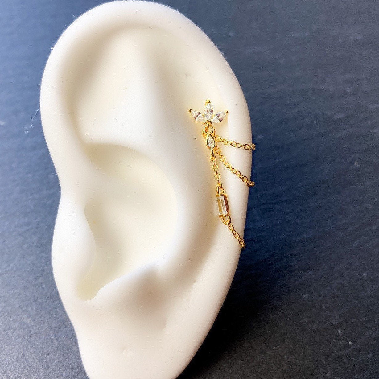 Dainty Triple Chain 18kt Rose Gold Diamond CZ Helix Piercing, cartilage piercing 20g, hoop huggies, body piercing, chain earrings