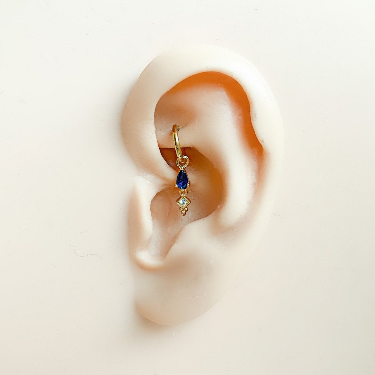 16g 18g 6mm Dainty Emerald Dangle Hoop Charm, sterling silver, 18k gold plated rook hoop, hoop huggies, cartilage piercing, helix hoop charm