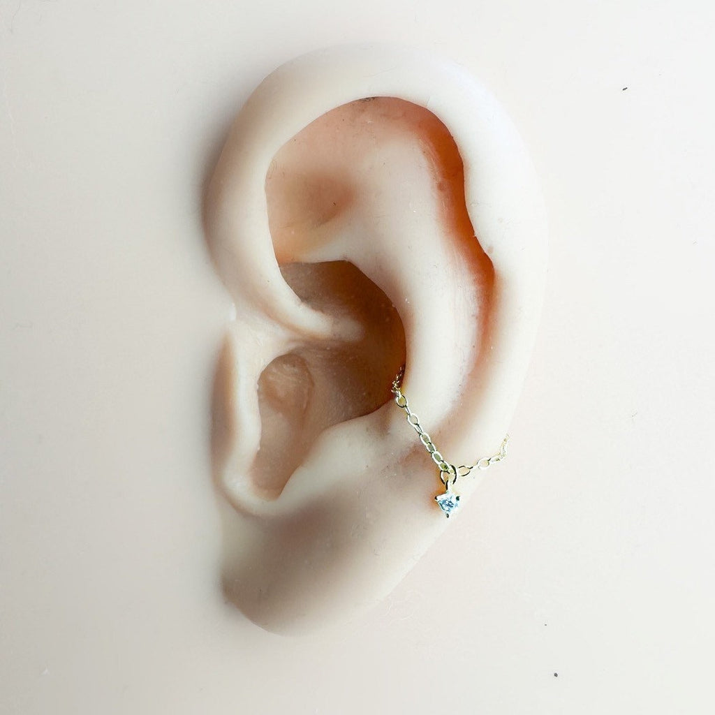Simple Dainty Drop Emerald Crystal 18kt Gold Sterling Silver Chain conch piercing, cartilage piercing, conch hoop, chain earrings