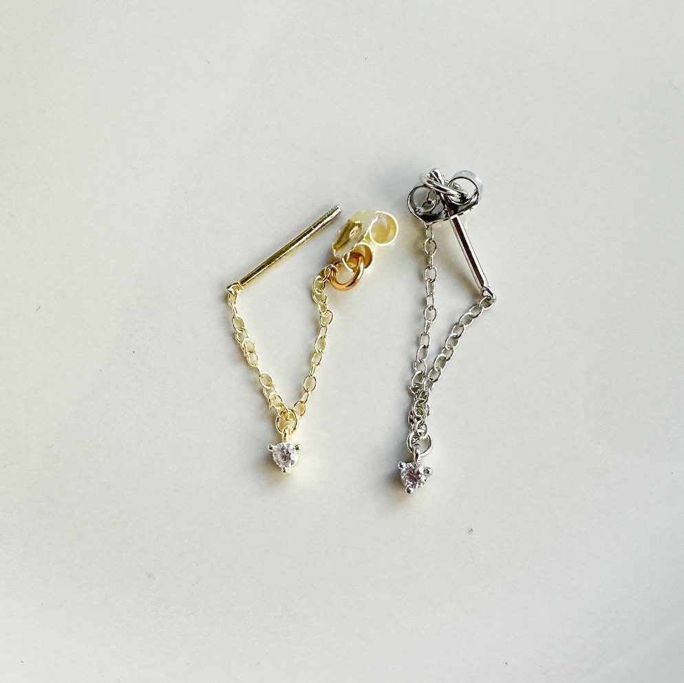 Simple Dainty Drop Emerald Crystal 18kt Gold Sterling Silver Chain  conch piercing, cartilage piercing, conch hoop, chain earrings