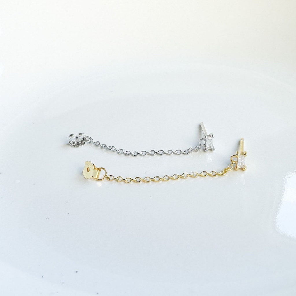 18kt Gold Baguette Chain Conch Piercing, Dainty Cz Cartilage Piercing, Minimalist Hoop Earrings