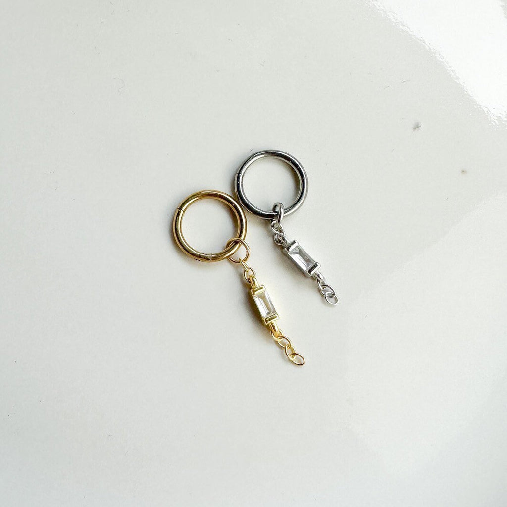 16g 18g Dainty CZ Bar Chain titanium sterling silver, 18k gold plated rook hoop, rook huggie, hoop huggies, cartilage piercing
