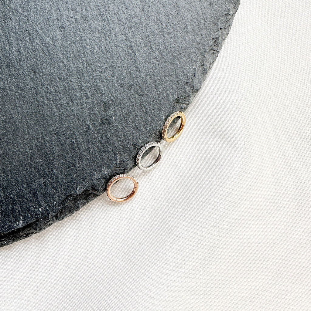 16g 6mm Crystal Paved Rose Gold Clicker Hoop for Cartilage, Helix, Rook, Lobe, Tragus, Hypoallergenic 316L Surgical Steel, Non-Tarnish