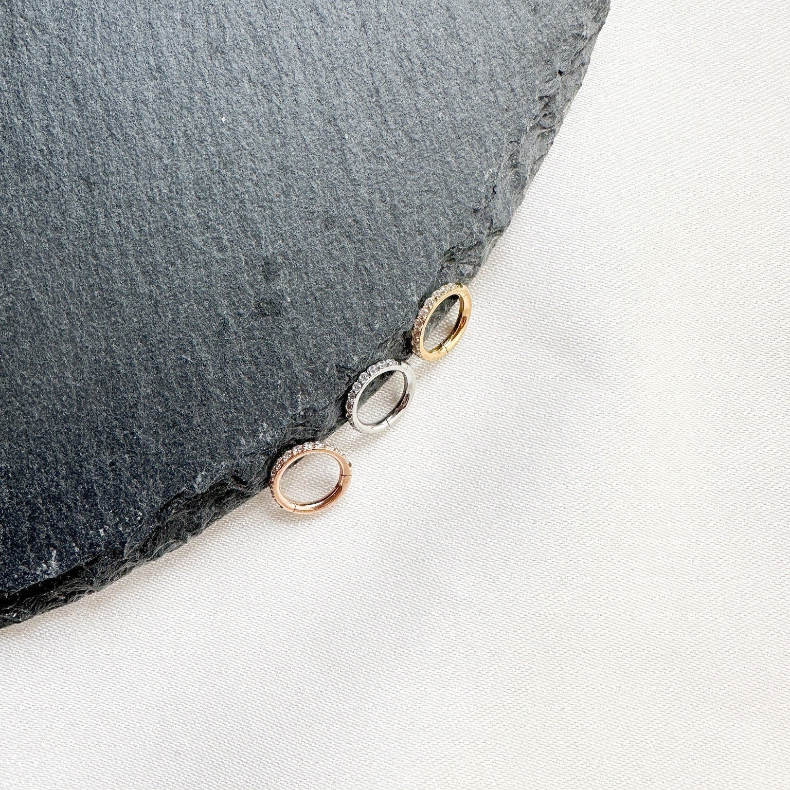 16g 6mm Crystal Paved Rose Gold Clicker Hoop for Cartilage, Helix, Rook, Lobe, Tragus, Hypoallergenic 316L Surgical Steel, Non-Tarnish