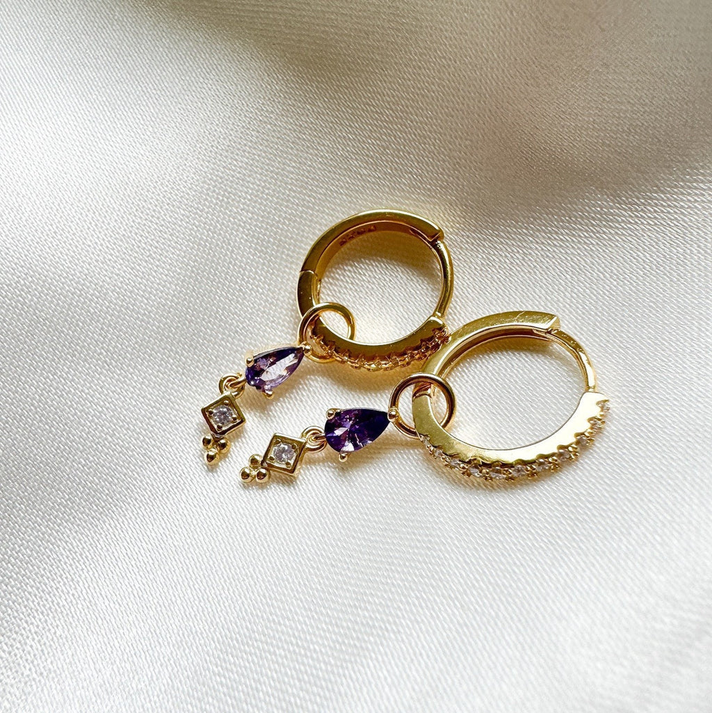 Dainty Amethyst CZ Dangle studded hoops, sterling silver cz hoop earrings, dangle hoop earrings, hoop huggies