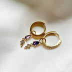 Dainty Amethyst CZ Dangle studded hoops, sterling silver cz hoop earrings, dangle hoop earrings, hoop huggies