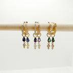Dainty Amethyst CZ Dangle studded hoops, sterling silver cz hoop earrings, dangle hoop earrings, hoop huggies