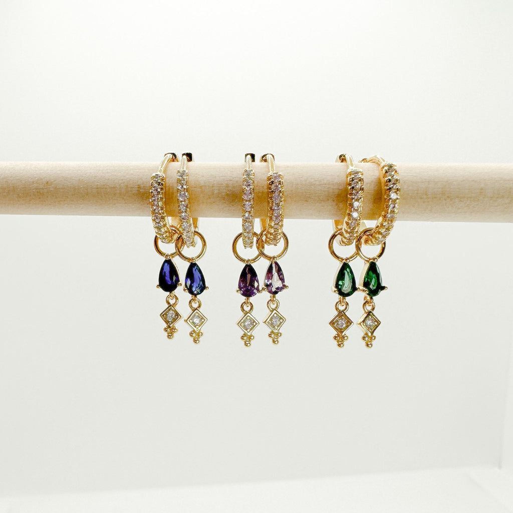 Minimalist Emerald CZ Dangle studded hoops, sterling silver cz hoop earrings, dangle hoop earrings, hoop huggies