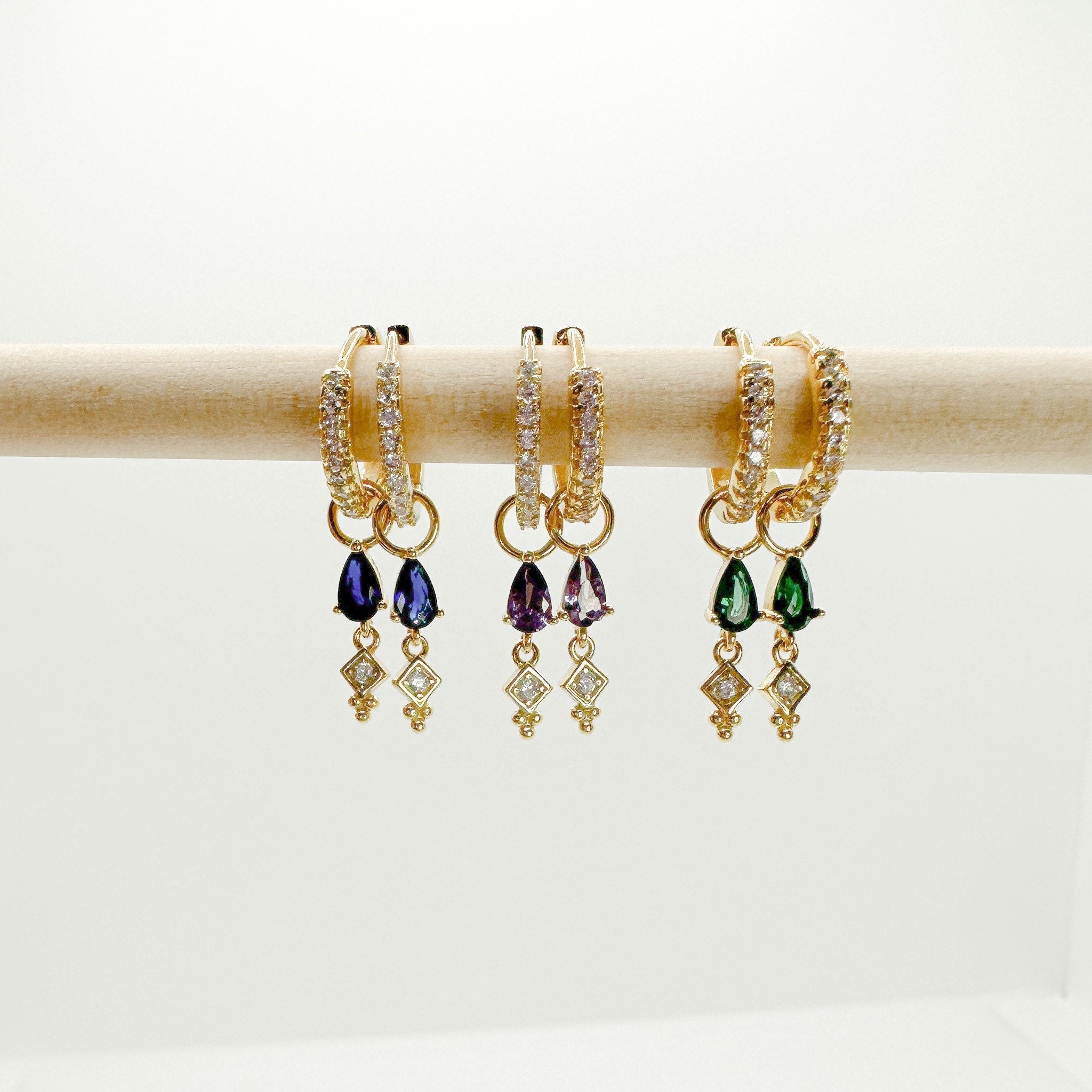 Minimalist Emerald CZ Dangle studded hoops, sterling silver cz hoop earrings, dangle hoop earrings, hoop huggies