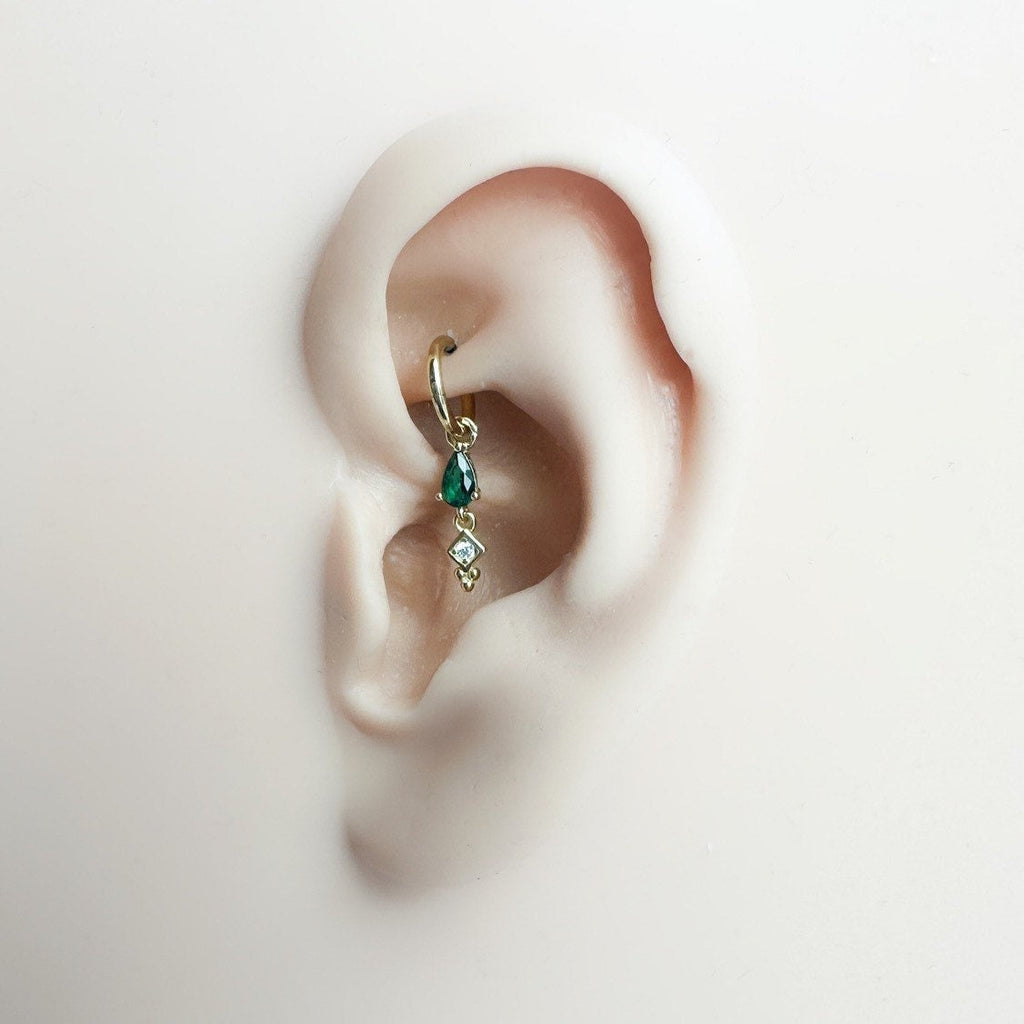 16g 18g 6mm Dainty Emerald Dangle Hoop Charm, sterling silver, 18k gold plated rook hoop, hoop huggies, cartilage piercing, helix hoop charm