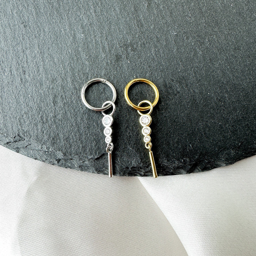 16g 14g Dainty Triple CZ Dangle Hoop Belly Ring, Titanium silver or gold, belly piercings, 8mm or 10mm, Hoop Piercing, belly hoop