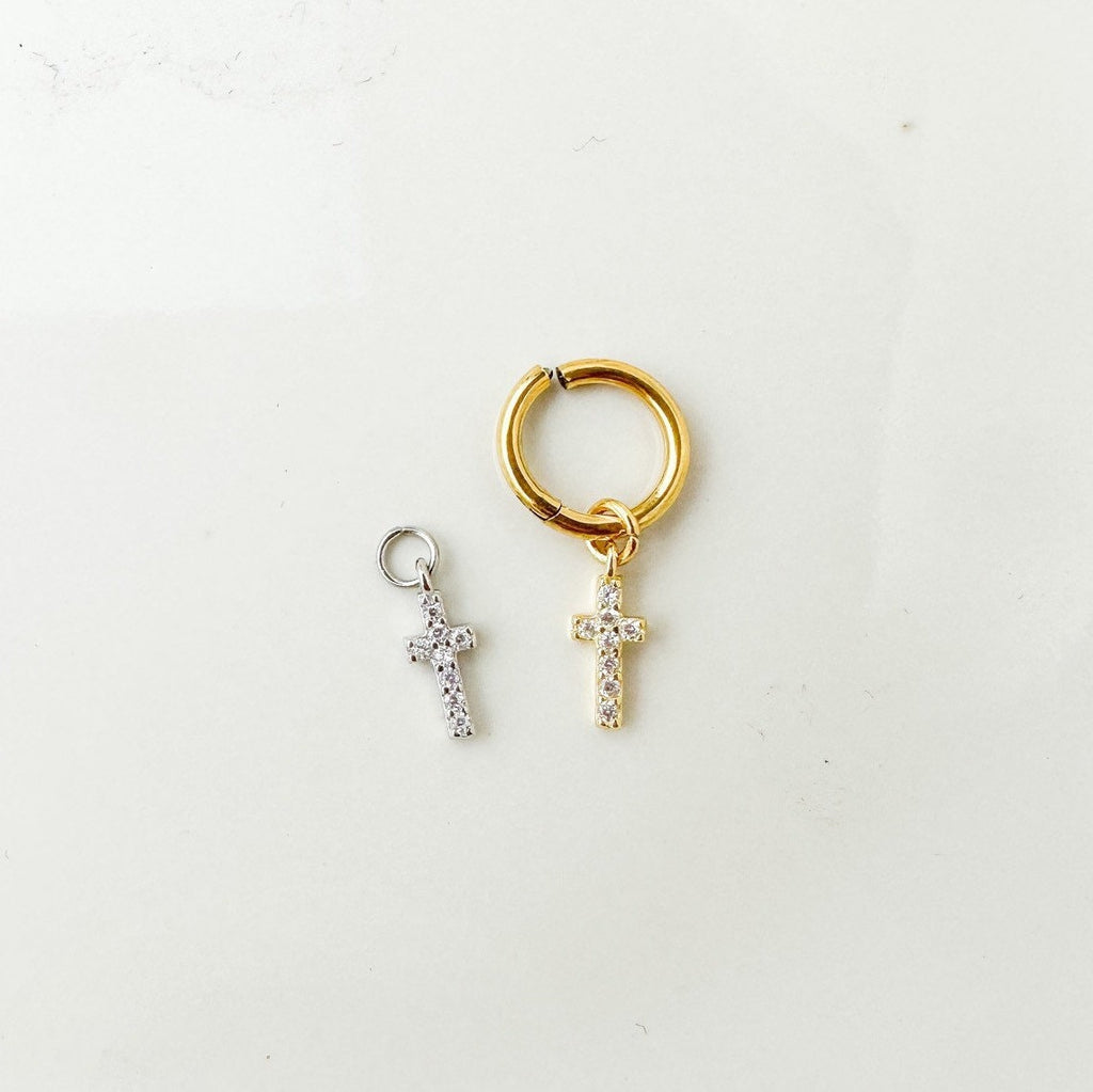 16g 18g 6mm 8mm Paved Cross Dangle Hoop Charm, Titanium Hoop, cross charm for rook hoop, hoop huggies, helix hoop charm,